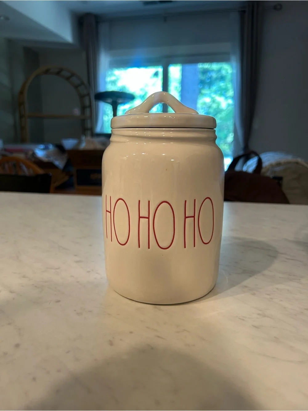 Rae Dunn White Ceramic 'HO HO HO' Cookie Jar with Red Lettering